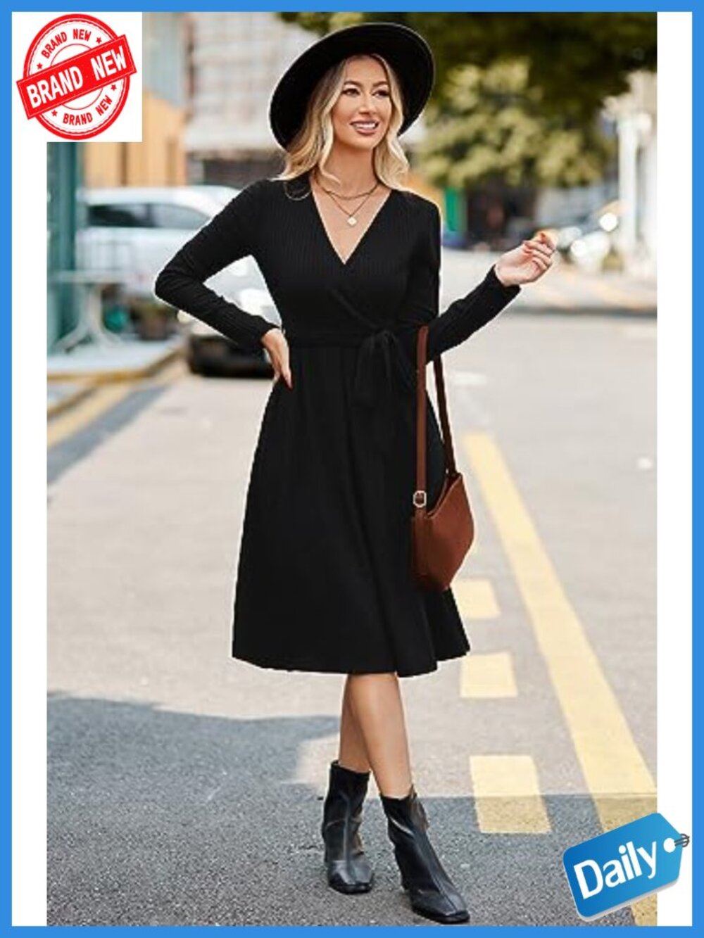 Ribbed Knit Sweater Dress Long Sleeve V-Neck Tie Waist Midi Dresses for Women - Picture 3 of 6